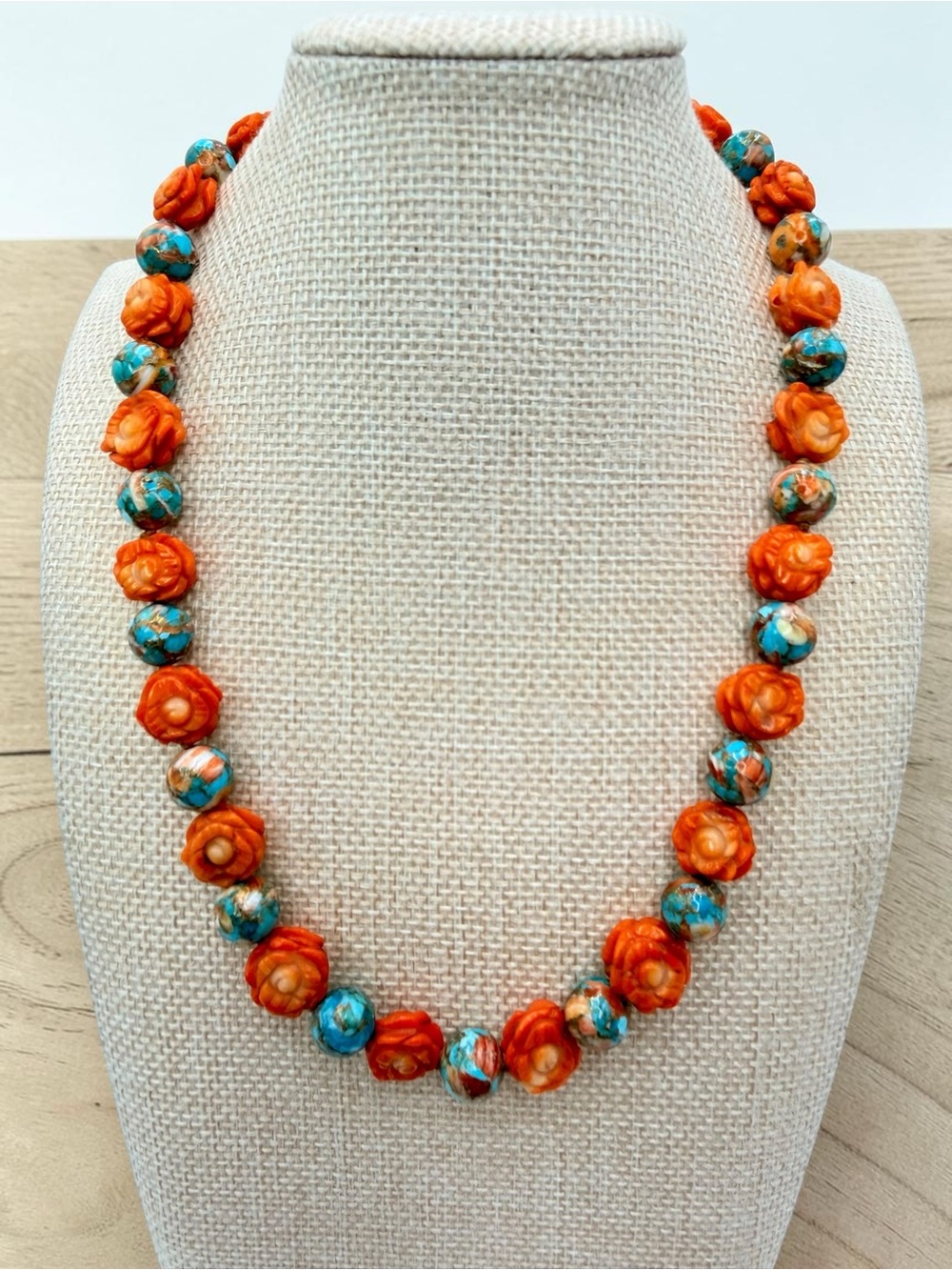 Artisan Spiny Oyster Mohave Copper Turquoise Coral Roses Sterling Necklace 18” - Picture 4 of 17